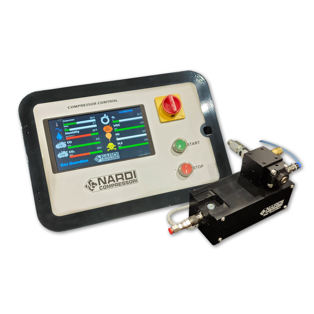 Nardi compressor touch screen control panel showing Gas Guardian readings, with the sensor block