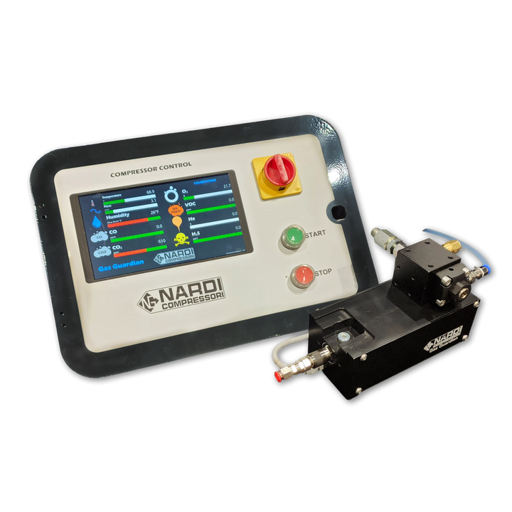 Nardi compressor touch screen control panel showing Gas Guardian readings, with the sensor block