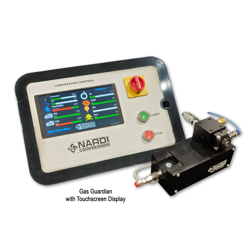 Compressor control panel carrying the Gas Guardian display, shown with the sensor block