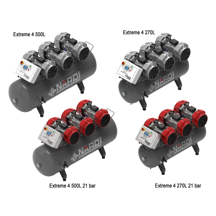 Nardi MultiPower oil-free compressors, Extreme 4 on 270 L and 500 L tanks at 10 and 21 bar
