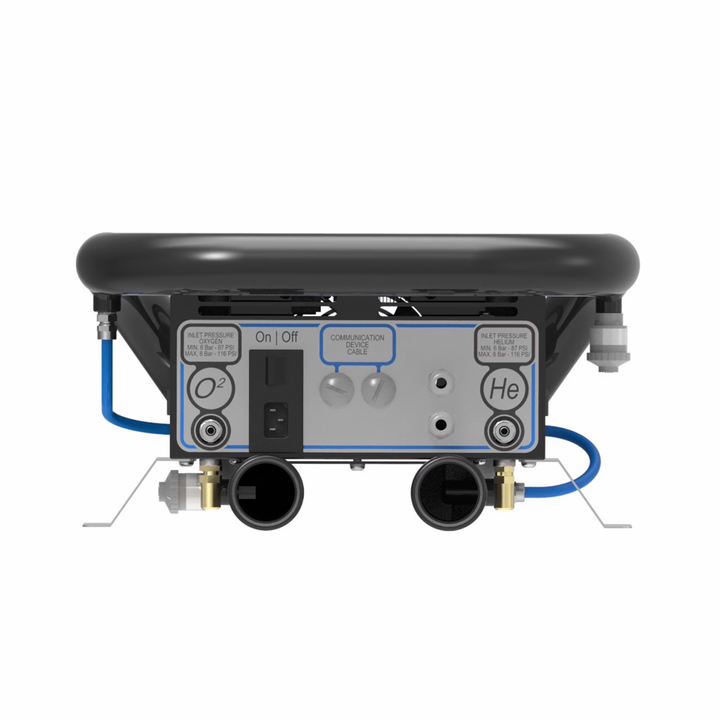 Nardi TT-MIX Pro base detail showing oxygen and helium inlet ports and power switch