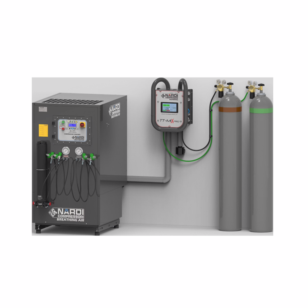 Nardi TT-MIX Pro installed with a breathing air compressor and oxygen and helium cylinders
